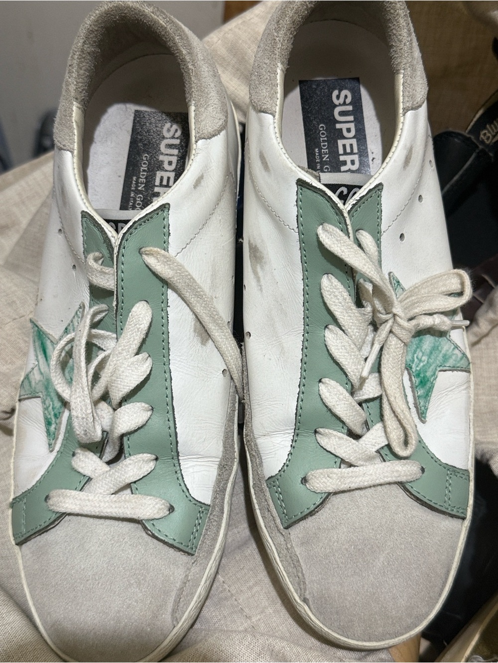 Golden Goose White Sneakers with Sage Green Accents